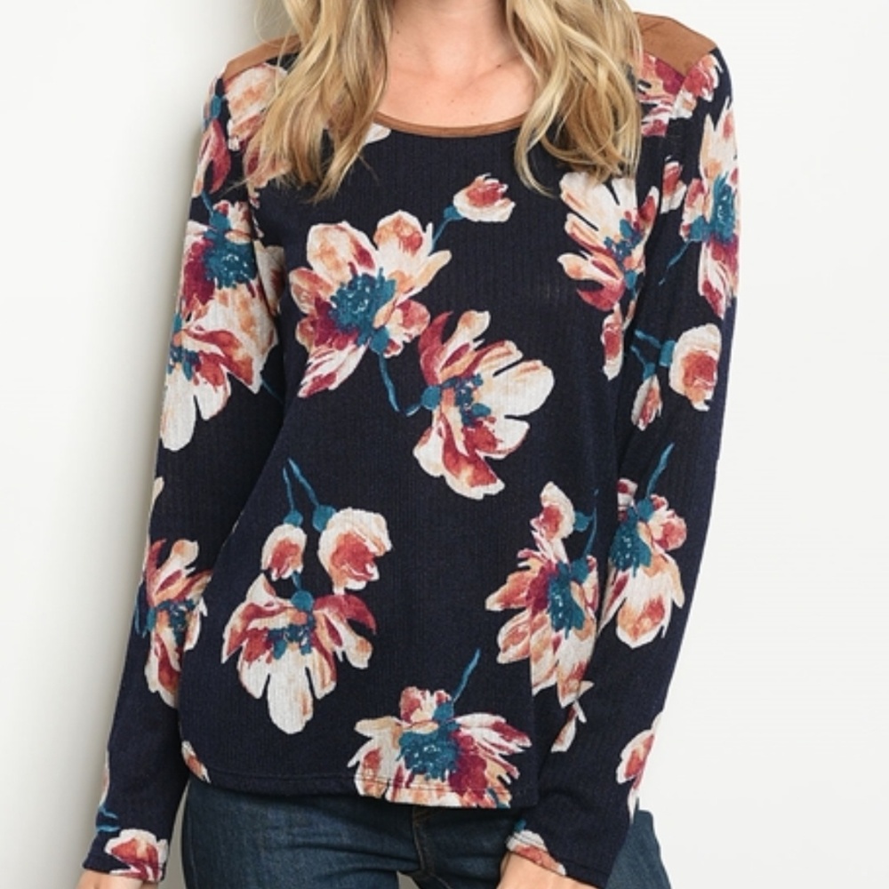 Navy Flower Pattern Long Sleeve